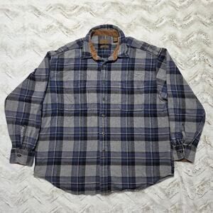 St johns bay brawny blue plaid flannel shirt with brown corduroy accents